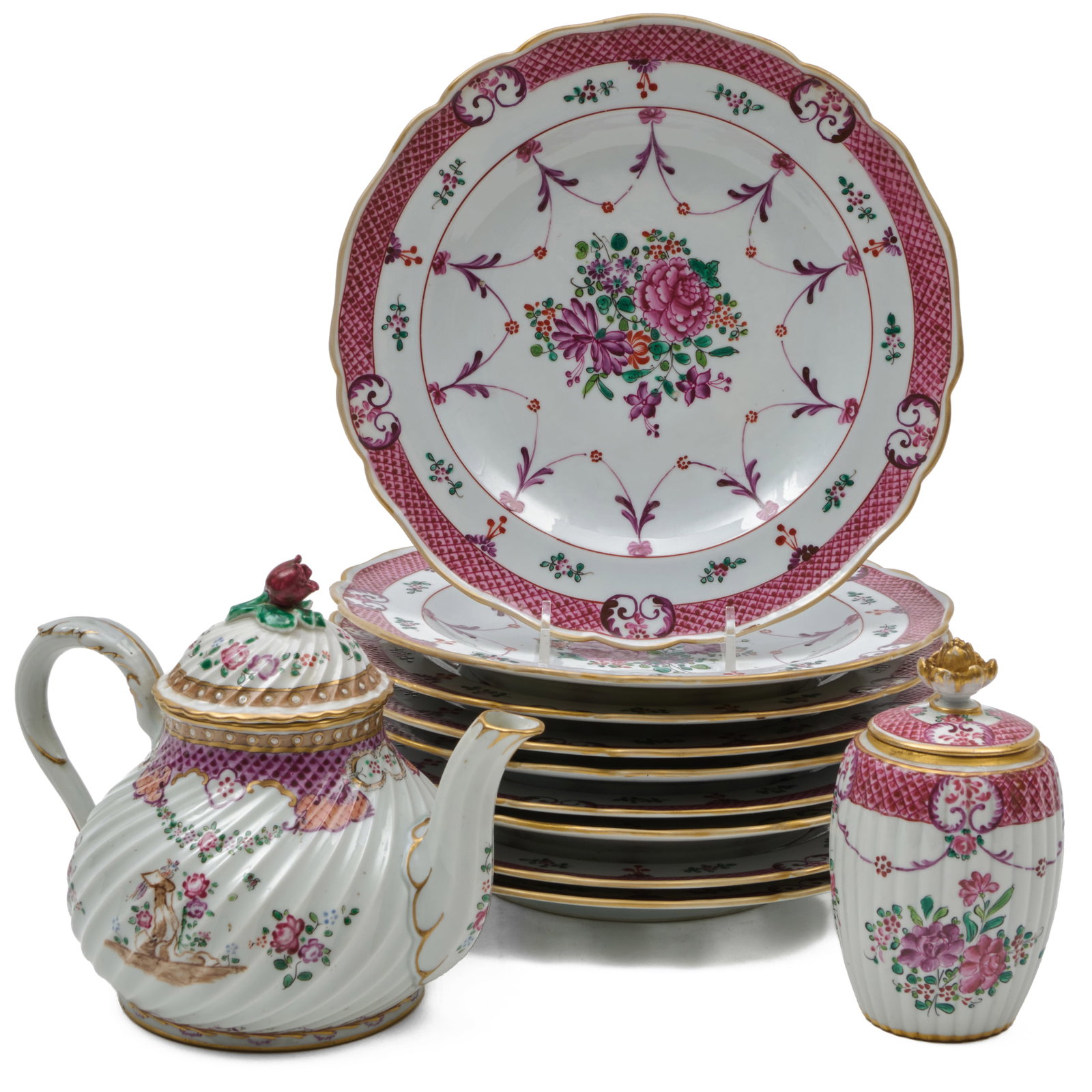 Samson Porcelain Part Service: Samson Porcelain Part Service Iron red pseudo mark. Comprising: Nine plates A teapot and cover A tea caddy and cover The plates 9 in. diam., (11 pcs). Collection of Lynn Chase from Money Pit Farm.