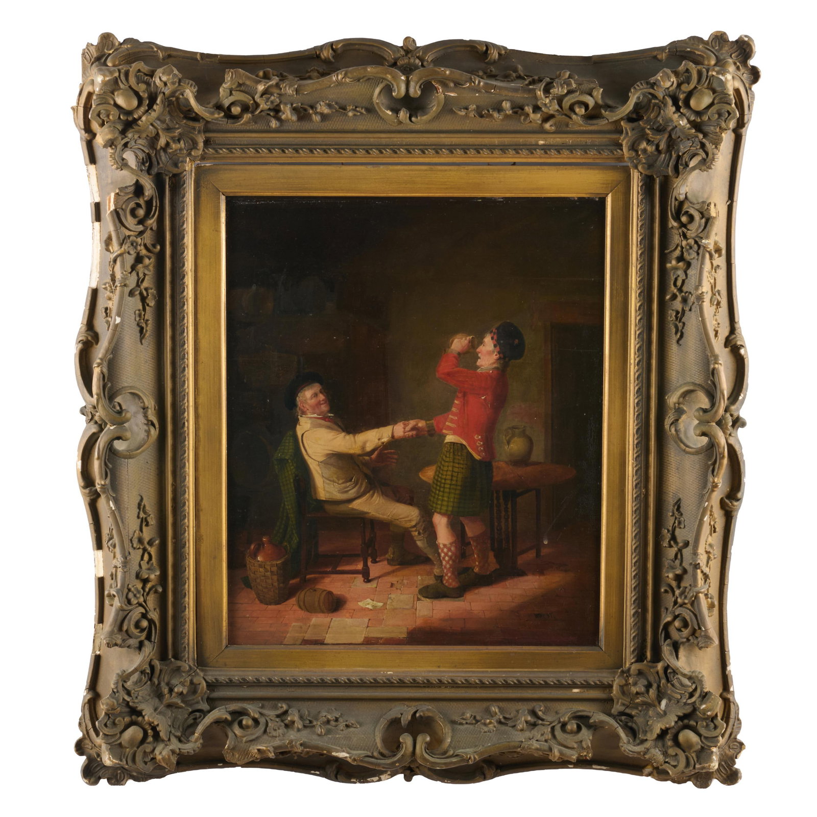 Attributed To William West (1801-1861): Auld Lang Syne: Attributed To William West (1801-1861): Auld Lang Syne Oil on board, signed 'W. West' lower right, titled on the reverse, with label from Alexander Gallery, NY. 18 x 15 1/4 in., 30 x 27 in. (frame).