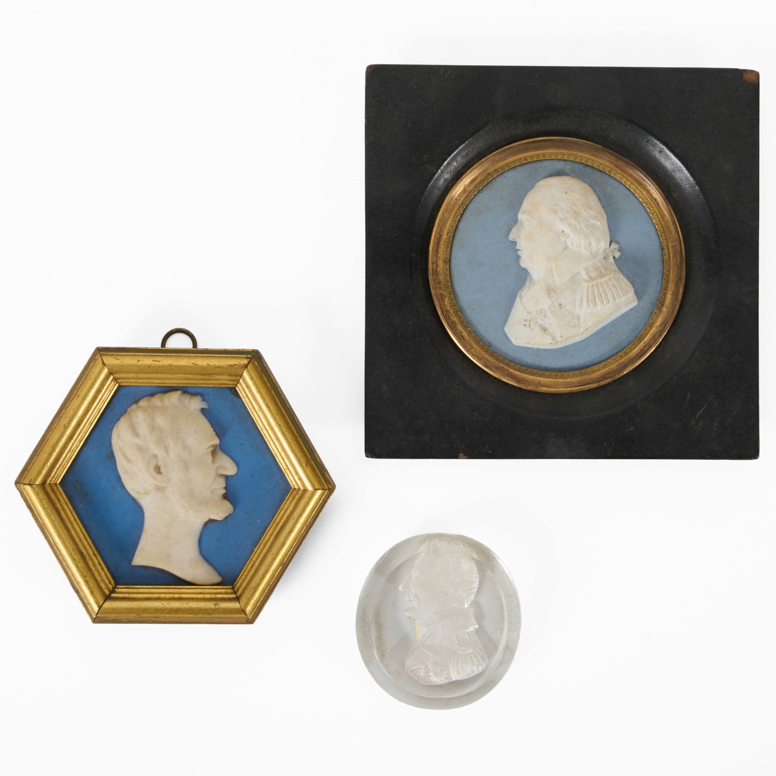 Group Of Japserware And Sulfide Portrait Medallions: Group Of Japserware And Sulfide Portrait Medallions Comprising:A sulfide portrait of a gentleman, unmarkedA Mosaic tile portrait of Lincoln, cast markA jasperware portrait of a military man, incised