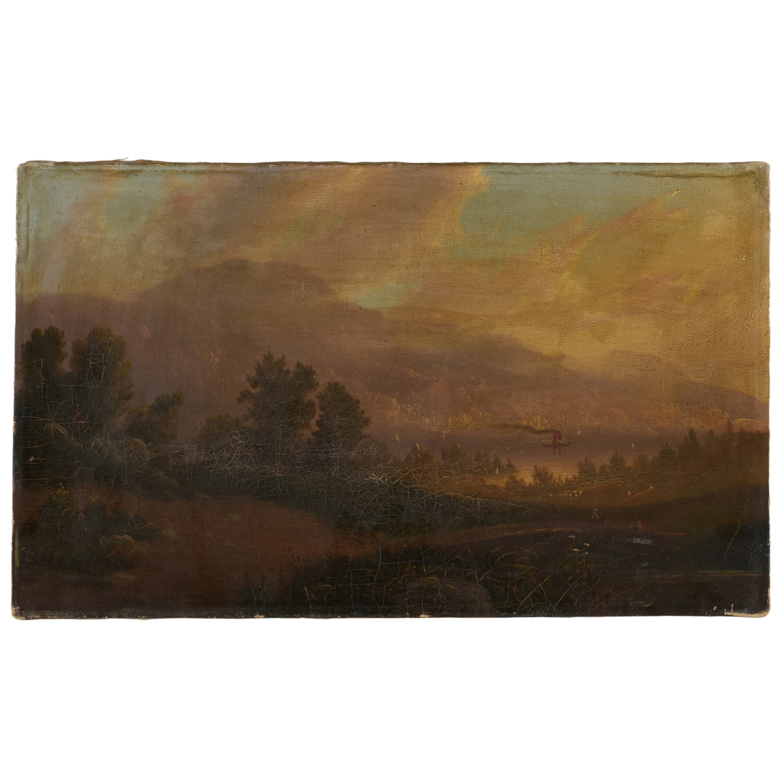 American School: River Scene: American School: River Scene Oil on canvas, unsigned, with label from Alexander Gallery, NY. 12 x 20 in., unframed.