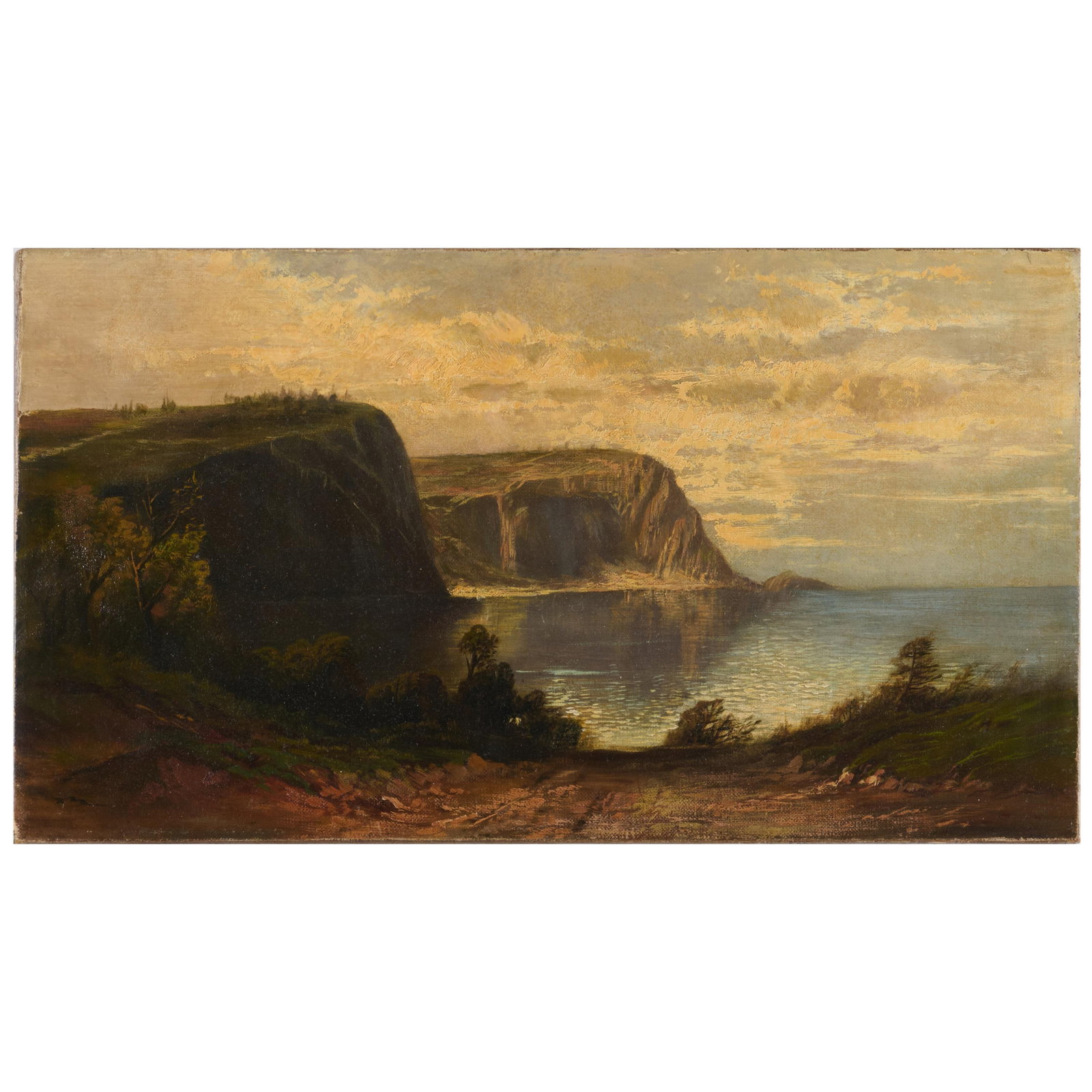 American School: Coastal View: American School: Coastal View Oil on canvas, unsigned, with label from Alexander Gallery, NY, lined. 10 x 18 in., unframed.