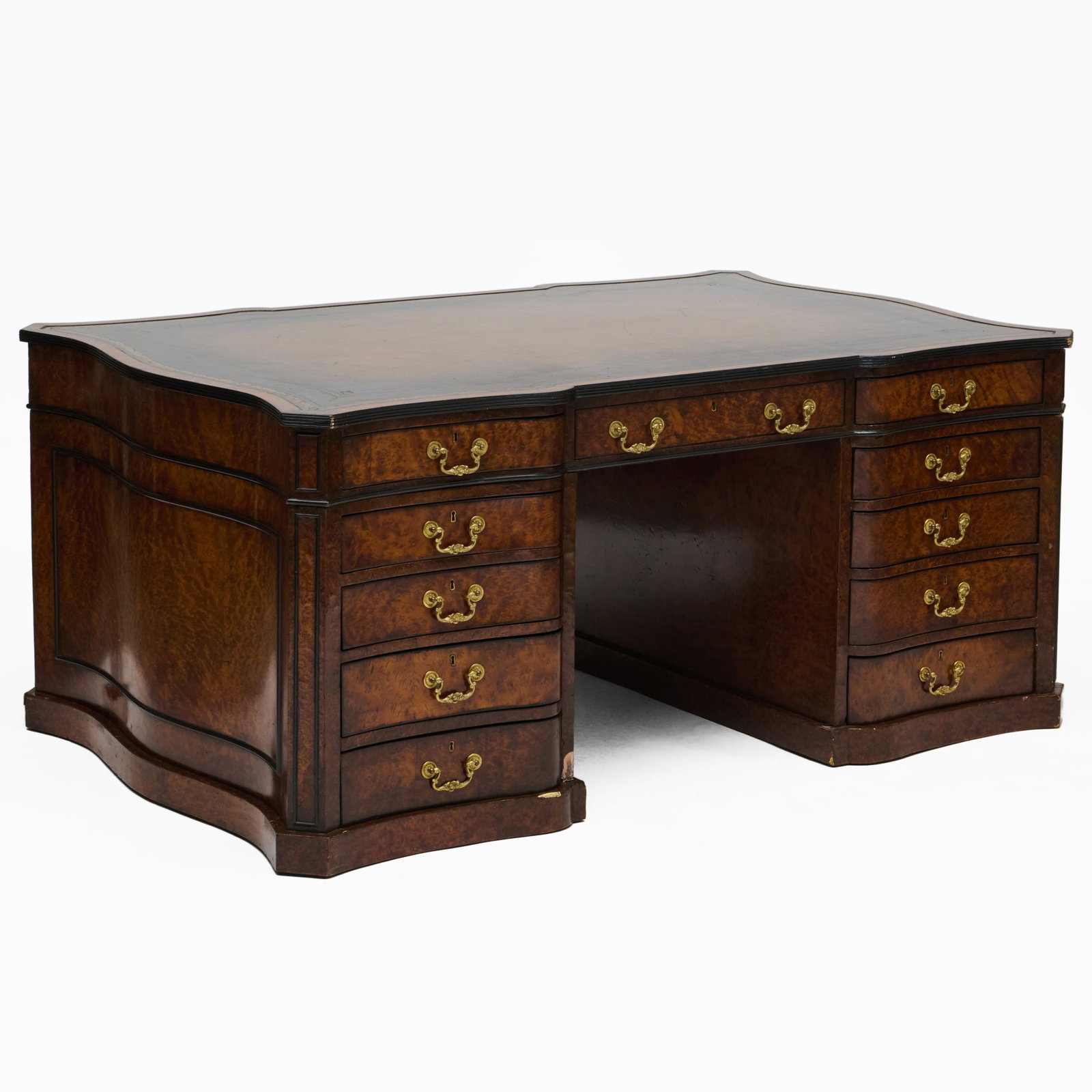 Victorian Ebonized And Burlwood Double Sided Pedestal Desk In The George III Taste: Victorian Ebonized And Burlwood Double Sided Pedestal Desk In The George III Taste Fitted with an inset gilt-tooled leather top. Locks marked.30 1/2 x 5 ft. 7 in. x 44 3/4 in.