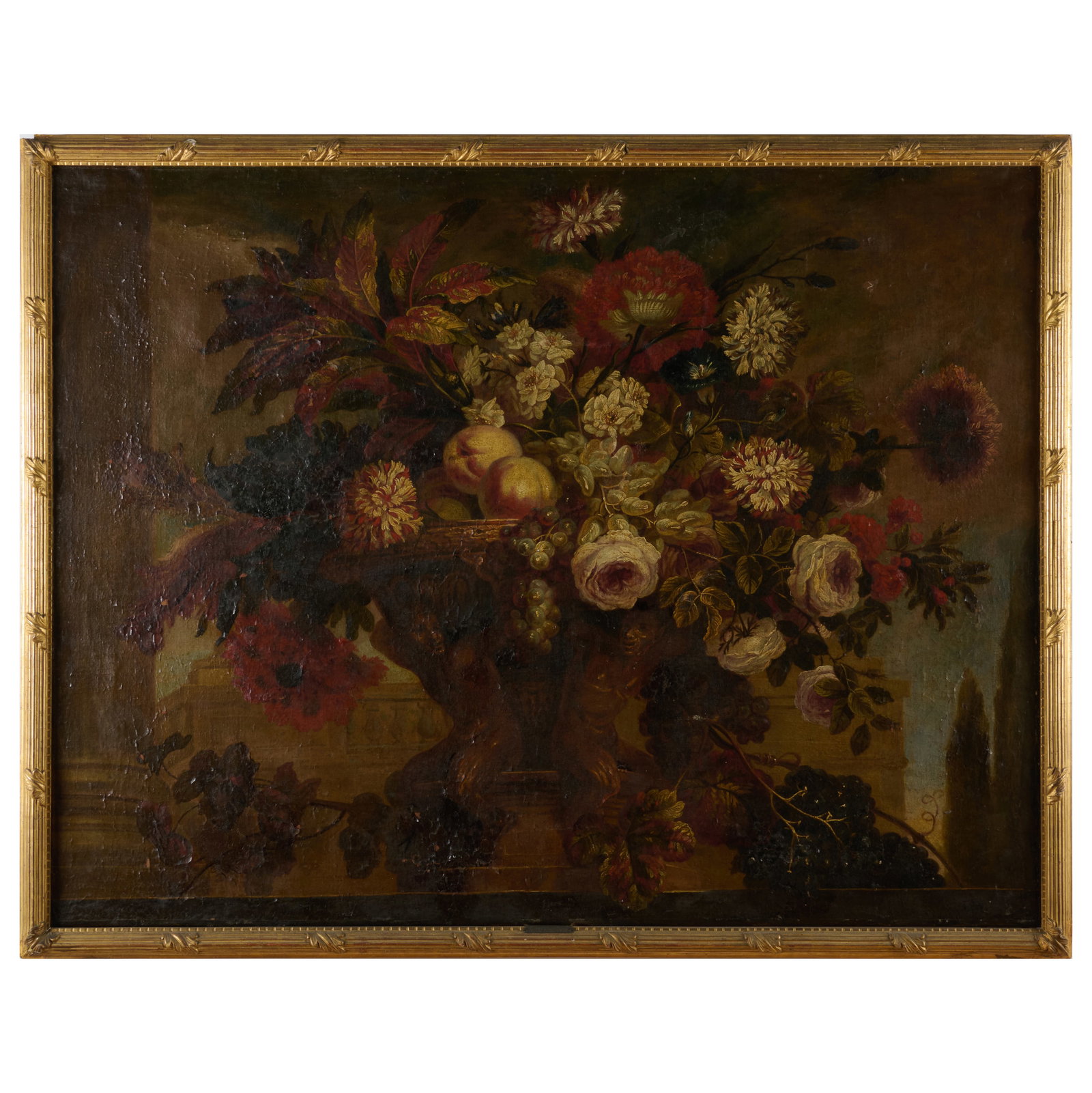 European School: Floral Still Life: European School: Floral Still Life Oil on canvas, unsigned. 35 x 45 3/4 in., 37 1/2 x 48 in. (frame).