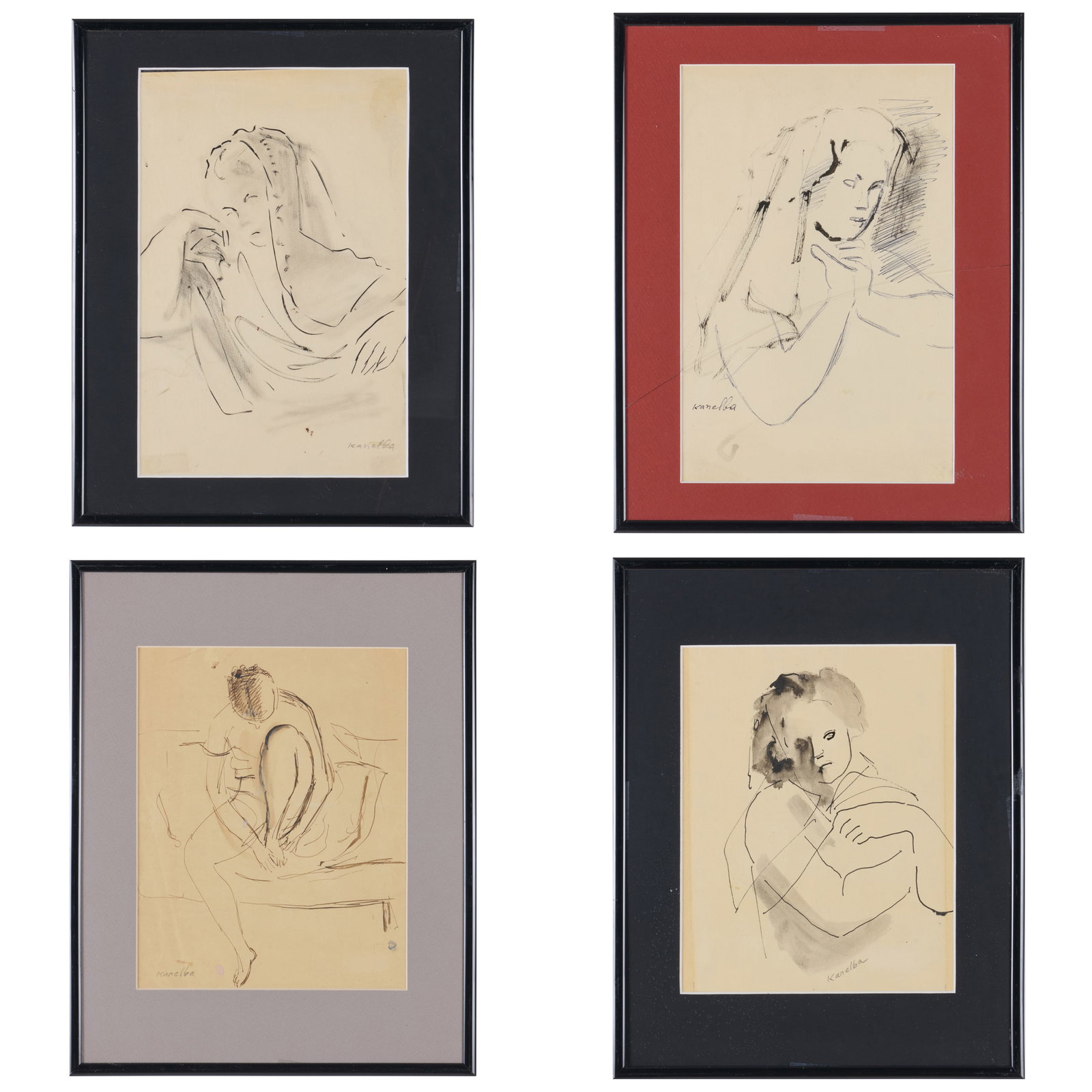 Raymond Kanelba (1897-1960): Portrait Studies: Four Works: Raymond Kanelba (1897-1960): Portrait Studies: Four Works Two ink and wash on paper and two ink on paper, signed 'Kanelba' lower left, lower center or lower right. Two 9 1/2 x 7 1/2 in. (sight), two 1