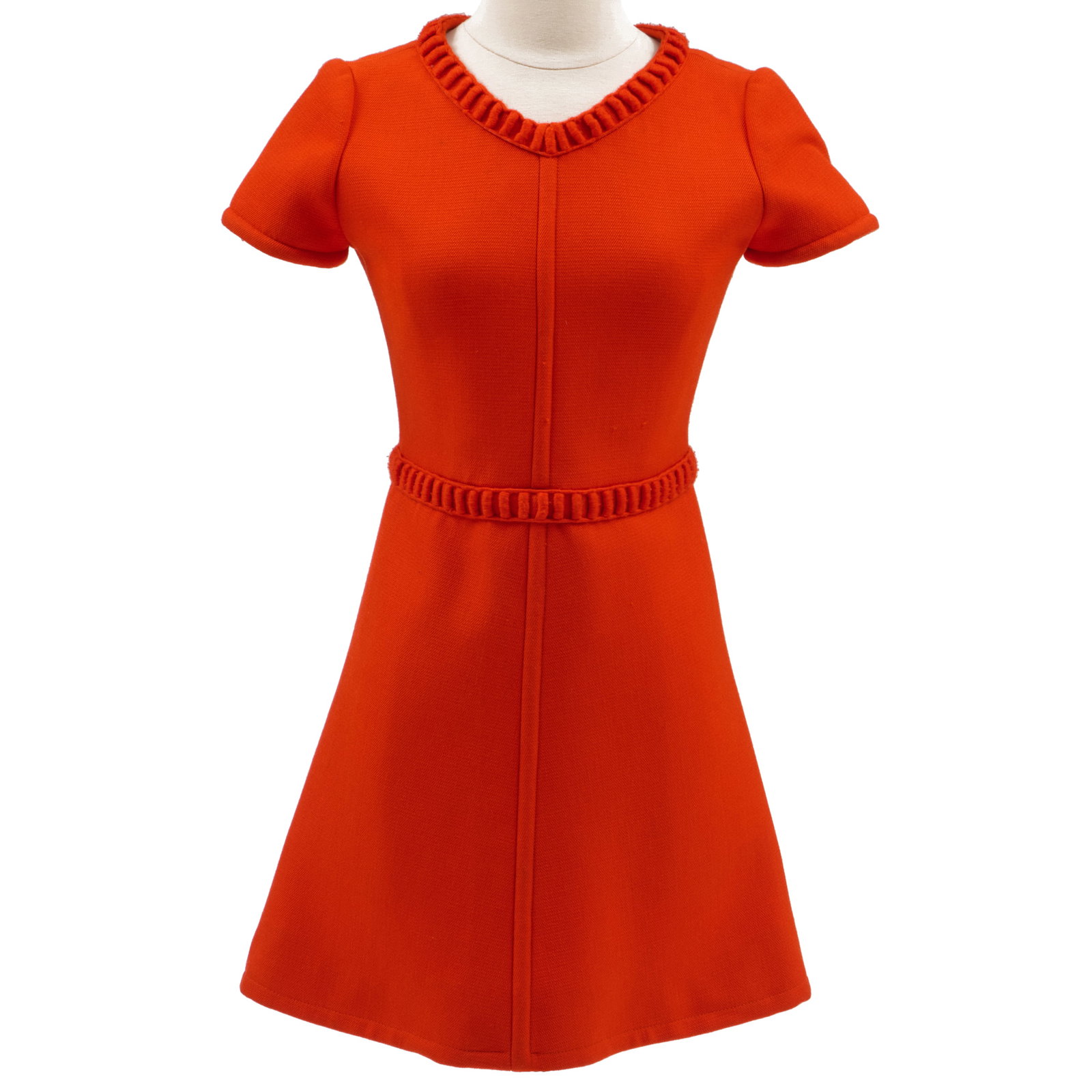 Courreges Orange Wool A-Line Dress, 1960S: Courreges Orange Wool A-Line Dress, 1960S With a label. Measured flat:Bust 17 in.Waist 13 1/2 in. Length 33 in. Collection of Barbara Jakobson.