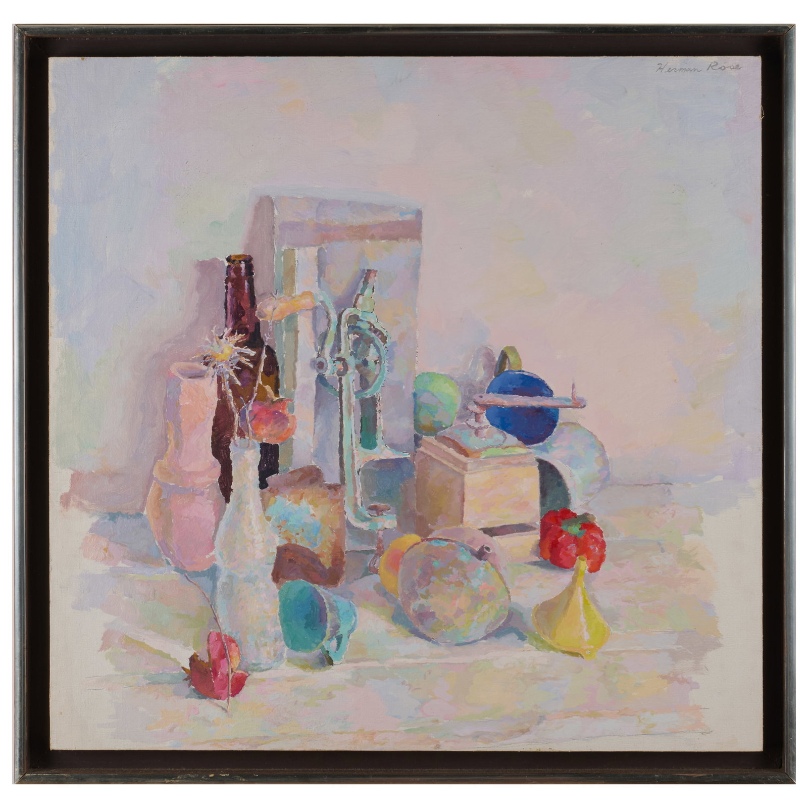 Herman Rose (1909-2007): Pepper Mill And Drill: Herman Rose (1909-2007): Pepper Mill And Drill Oil on canvas mounted on Masonite, 1973, signed 'Herman Rose' upper right, with label from Fishbach Gallery, NY. 22 3/4 x 23 1/4 in., 25 x 25 1/2 in.