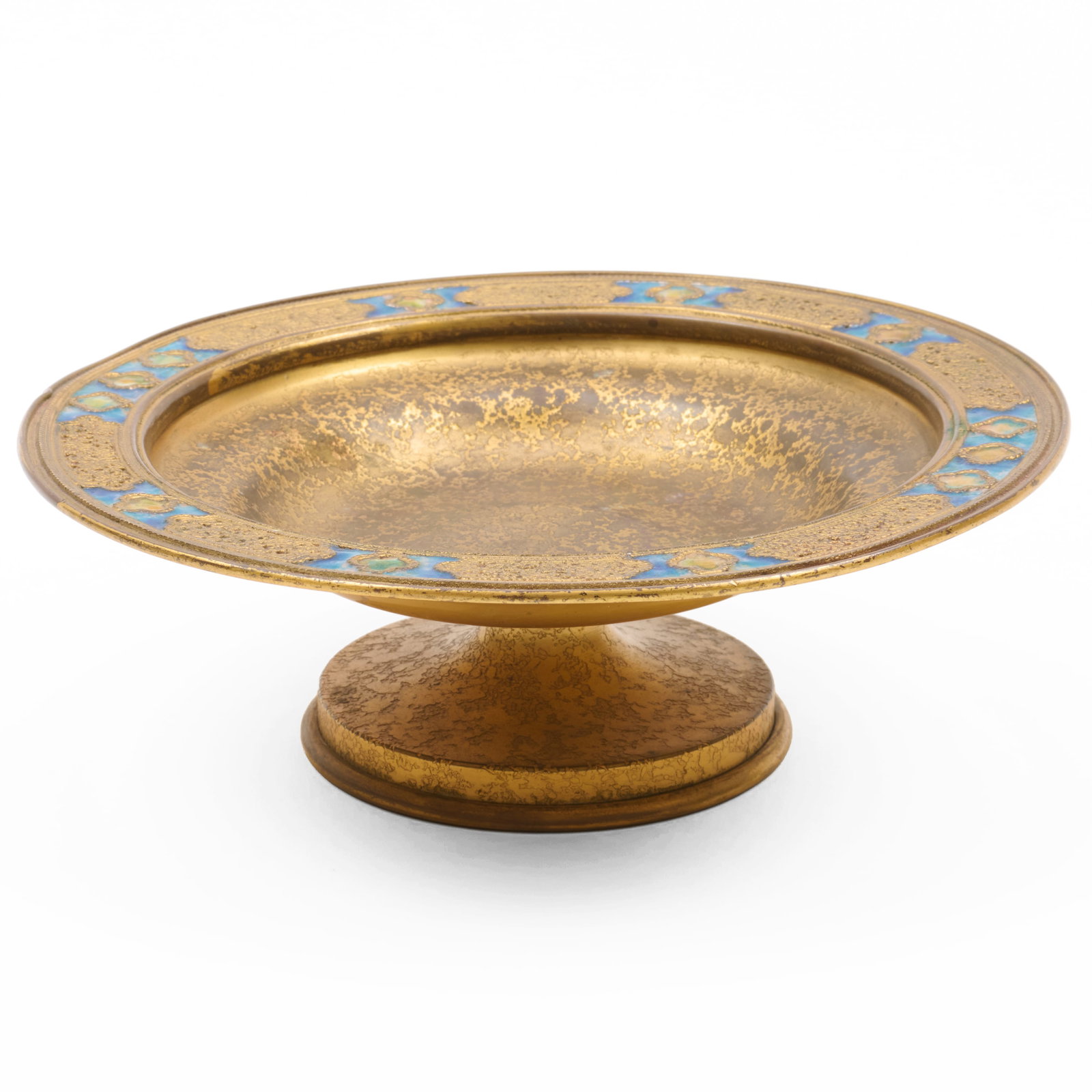 Tiffany Furnaces Gilt Bronze and Enamel Compote: Tiffany Furnaces Gilt Bronze and Enamel Compote Stamped marks with number 519.2 5/8 x 7 7/8 in. diam.