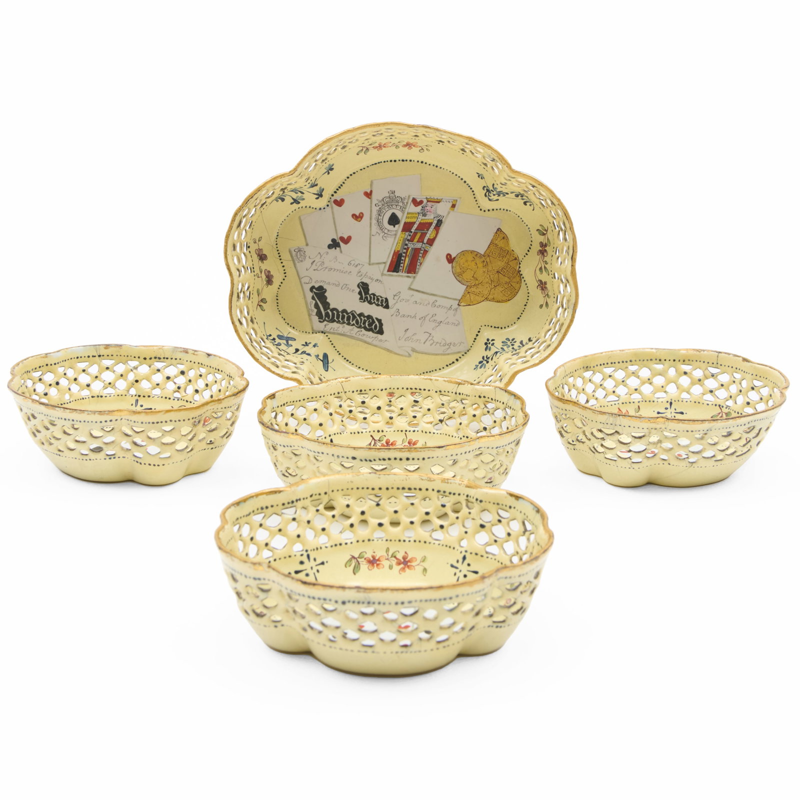 Five Staffordshire Enamel Small Dishes with Playing Cards: Five Staffordshire Enamel Small Dishes with Playing Cards Comprising:A larger dishFour smaller dishesThe larger 1 1/4 x 5 1/4 x 4 in., the smaller 1 1/8 x 3 1/2 x 3 in.