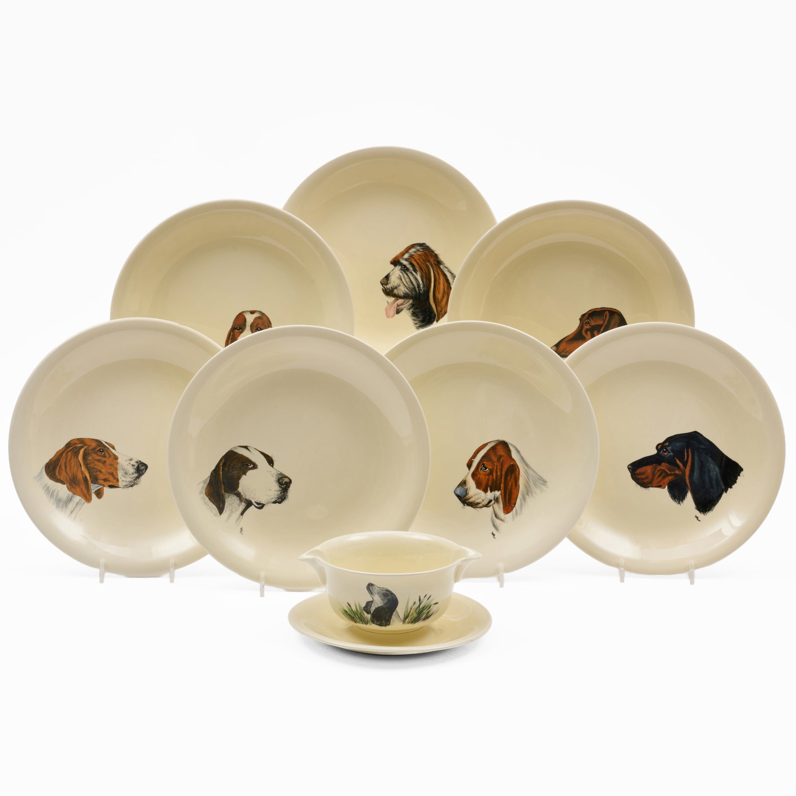 Set of Eighteen French Plates Painted with Canines and a Double Lipped Sauce Boat (1 of 20)