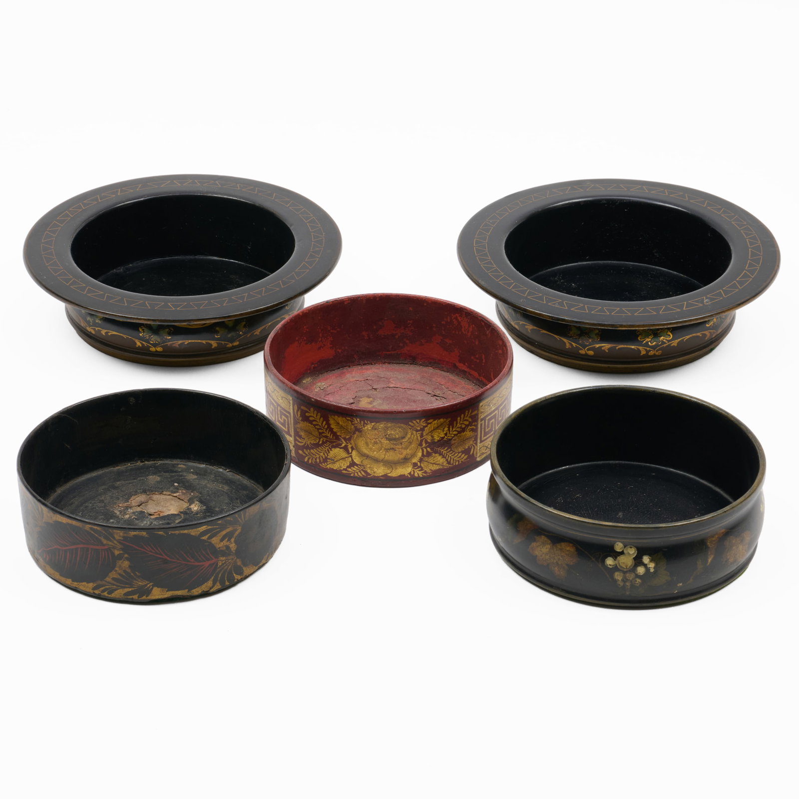 Group of Five Papier Mache Bottle Coasters: Group of Five Papier Mache Bottle Coasters Comprising a pair and three singles.The pair 1 3/4 x 7 3/8 in. diam. The Collection of James M. Labaugh Antiques, Pound Ridge, NY.
