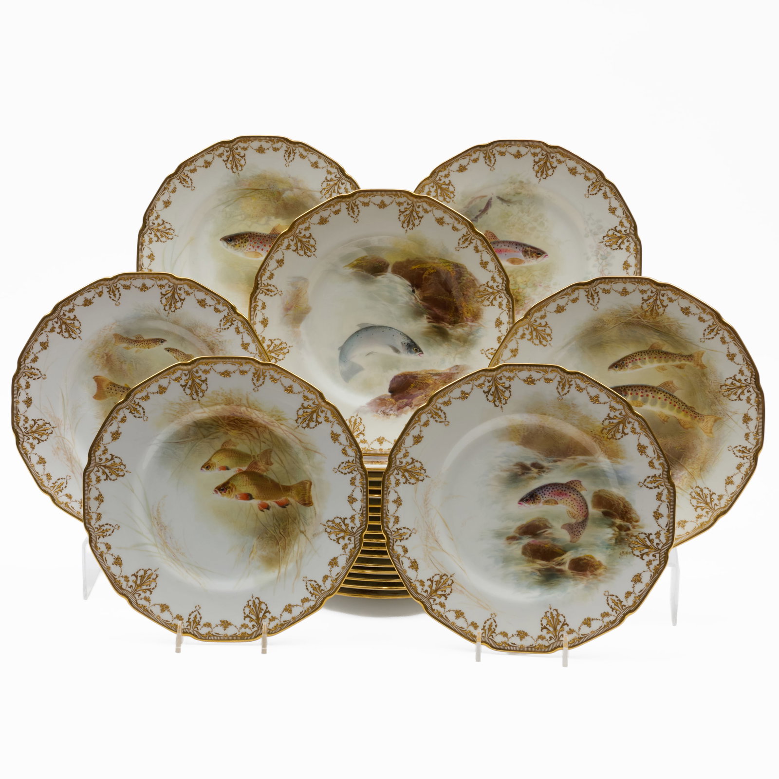 Set of Royal Doulton Ichthyological Porcelain Plates: Set of Royal Doulton Ichthyological Porcelain Plates Printed puce mark with retailer, each with painted fish species and signed ' J. Birbecksen'. 8 3/4 in. diam. (23 pcs).
