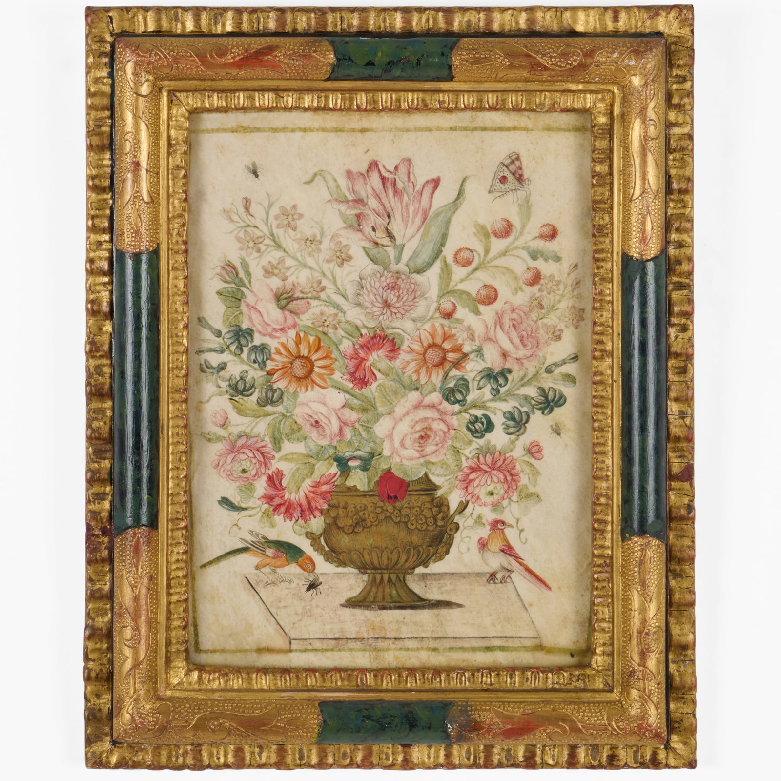 Italian School: Urn with Flowers: Italian School: Urn with Flowers Tempera on parchment, unsigned. 11 x 8 3/4 in. (sheet), 14 3/4 x 11 3/4 in. (frame). The Collection of L'Antiquaire & The Connoisseur, New York.