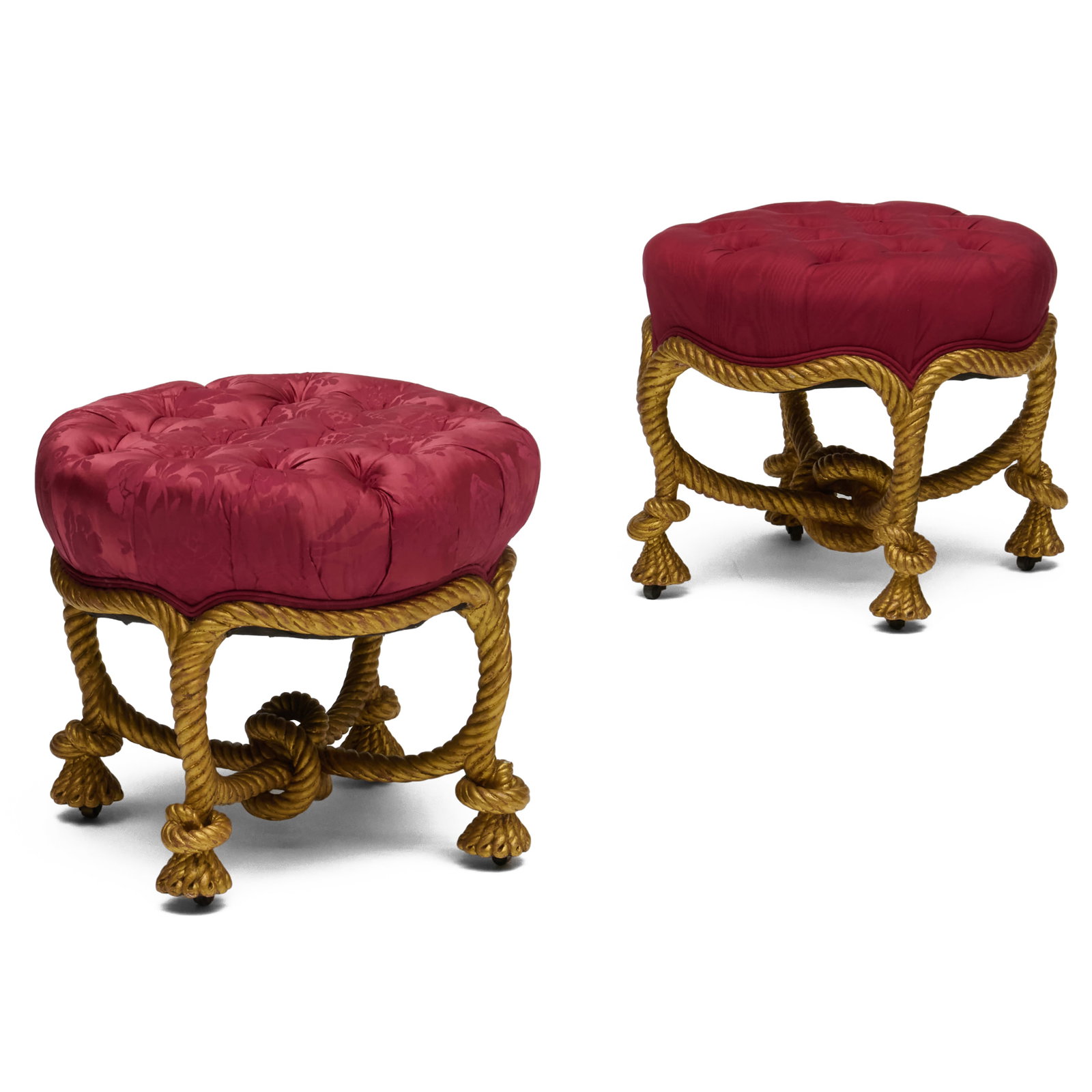 Pair of Napoleon III Giltwood Rope-Twist Stools: Pair of Napoleon III Giltwood Rope-Twist Stools One with moire upholstery, the other with satin damask. Both raised on casters.18 x 21 1/2 in. diam.