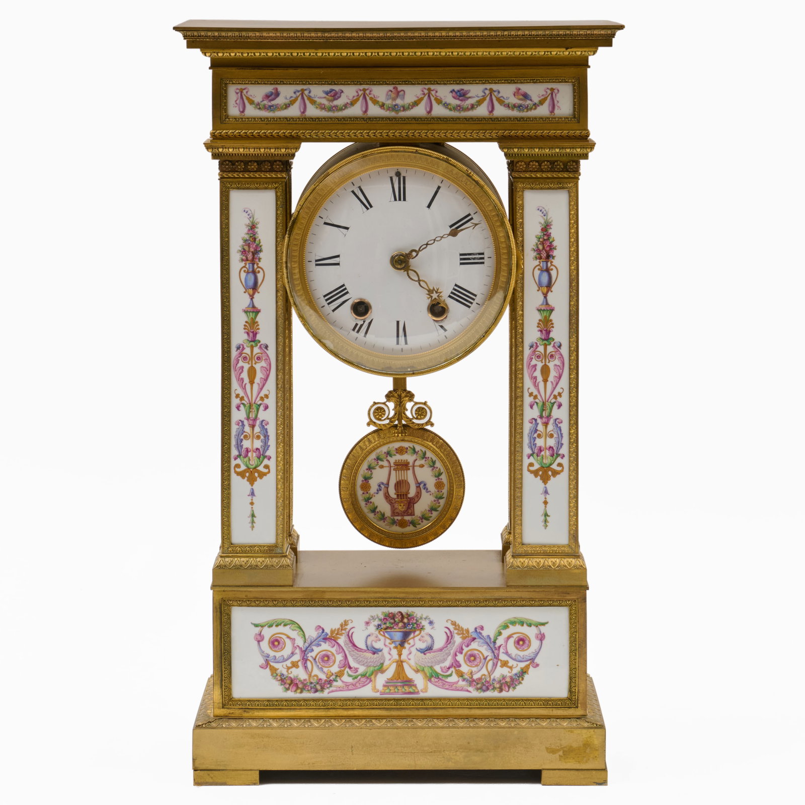 Empire Style Gilt-Bronze-Mounted Porcelain Mantel Clock: Empire Style Gilt-Bronze-Mounted Porcelain Mantel Clock With indistinct marks.21 1/2 x 11 3/4 x 6 1/4 in.