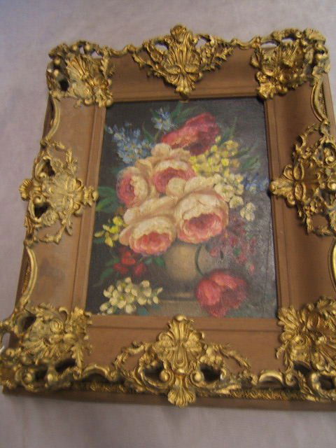 SIGNED OIL ON BOARD IN ORNATE FRAME: SIGNED OIL ON BOARD IN ORNATE FRAME - 8 1/2" X 11 1/2" INSIDE FRAME, SIGNED JANE PETERSON, HOLE AT TOP OF BOARD