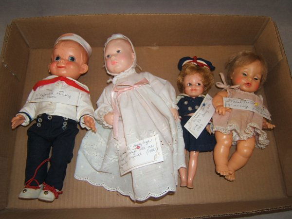 4 VINYL DOLLS, 2 EFFANBEE, 1 IDEAL: 4 VINYL DOLLS, 2 EFFANBEE, 1 IDEAL - 11" EFFANBEE MICKEY SAILOR, WORN, 9 1/2" EFFANBEE BABY LIZA, 9" IDEAL TEARIE DEARIE, 8 1/2' PENNY BRITE