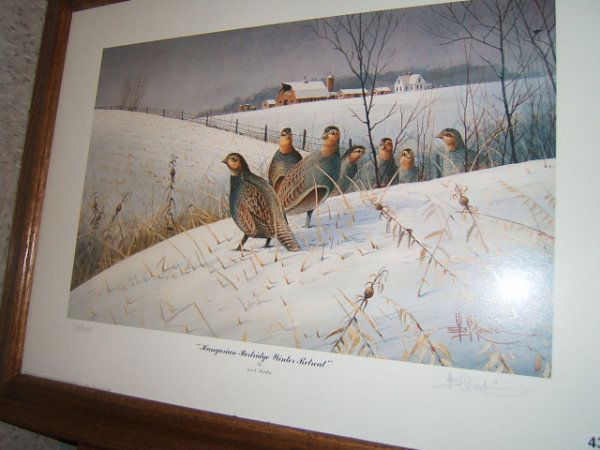 FRAMED SIGNED AND NUMBERED KOUBA PRINT: FRAMED SIGNED AND NUMBERED KOUBA PRINT - 12 1/2' X 19" IMAGE SIZE, HUNGARIAN PARTRIDGE WINTER RETREAT, #422/2000