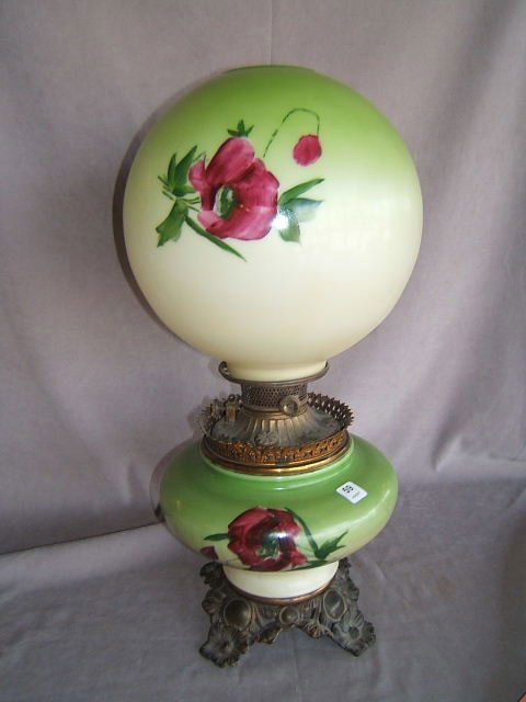 HANDPAINTED B&H GONE WITH THE WIND LAMP: HANDPAINTED BRADLEY & HUBBARD GONE WITH THE WIND STYLE LAMP - 22" HIGH, SOME WEAR, DISCOLORATION TO METAL, NO CHIMNEY