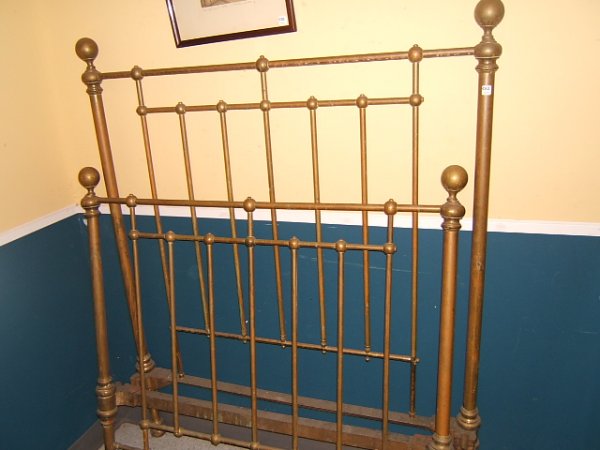 3/4 SIZE BRASS BED WITH RAILS: 3/4 SIZE BRASS BED WITH RAILS - 59" HIGH HEADBOARD, 43" HIGH FOOTBOARD, WEAR, DISCOLORATION, 2 FEET DECORATIONS MISSING, LOSS TO DECORATION