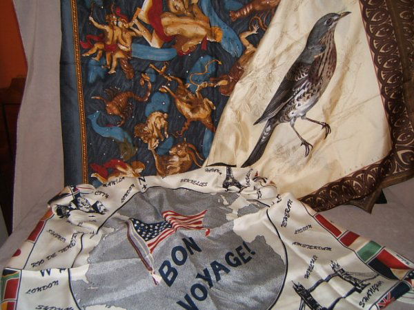 3 ASSORTED SILK SCARVES: ELLIS, DKNY, SAKS: 3 ASSORTED SILK SCARVES: ELLIS, DKNY, SAKS - Have been worn, some stains. ****** PLEASE NOTE -FOR THIS LIVE AUCTION: There is NO INTERNATIONAL SHIPPING available for any PERFUME. For in house shipping