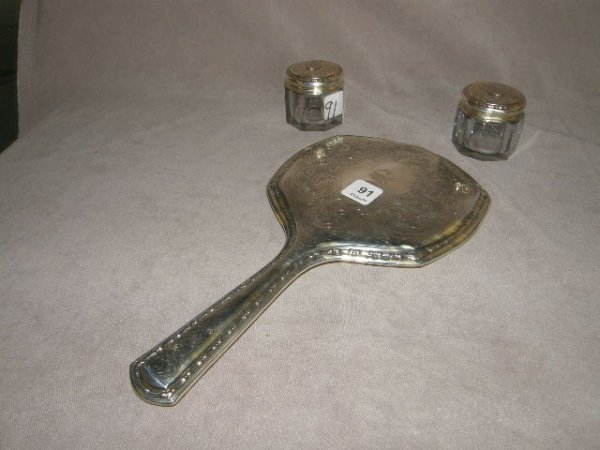 BEVELED STERLING HAND MIRROR AND 2 CUT GLASS JARS