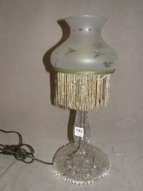 CUT GLASS LAMP BASE WITH SHADE AND BEAD TRIM