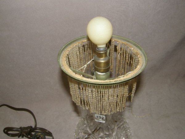 CUT GLASS LAMP BASE WITH SHADE AND BEAD TRIM - 3