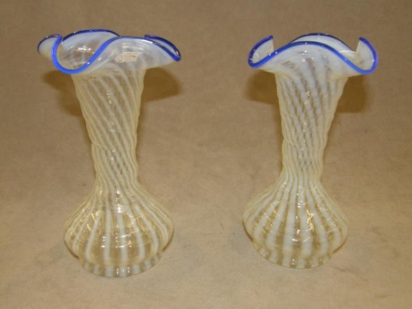 2 MATCHING OPALESCENT AND CLEAR GLASS VASES