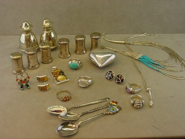 BAG OF STERLING JEWELRY, SHAKERS,SILVERPLATE, ETC