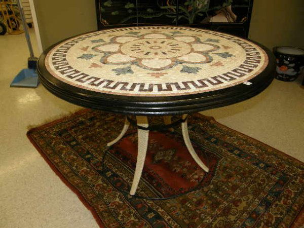 MOSAIC TILE TOP TABLE: MOSAIC TILE TOP TABLE - 27" HIGH, 42" DIA - SOME WEAR