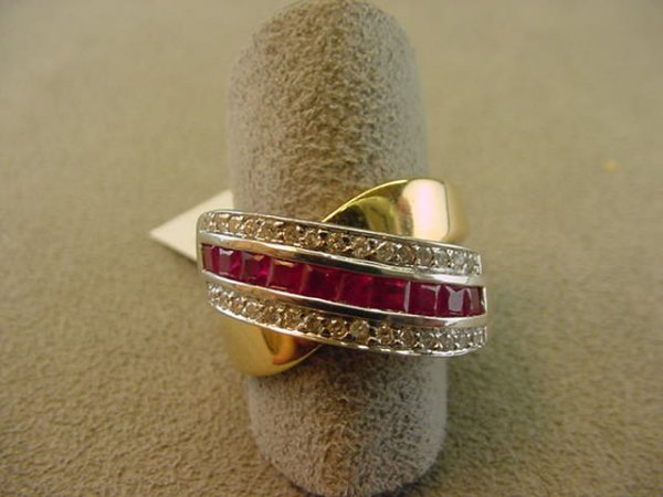 14K 2-COLOR GOLD CROSS OVER RUBY & DIAMOND RING