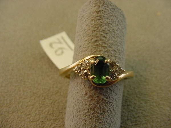 14K GOLD OVAL GREEN GEMSTONE AND DIAMOND RING