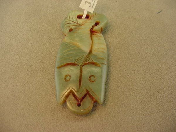 CARVED HARDSTONE FISH PENDANT: 1 CARVED HARDSTONE FISH DESIGN PENDANT--3 X 1 3/8 INCH -
