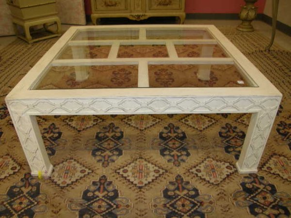 PAINTED CHIPPENDALE STYLE GLASS TOP COFFEE TABLE