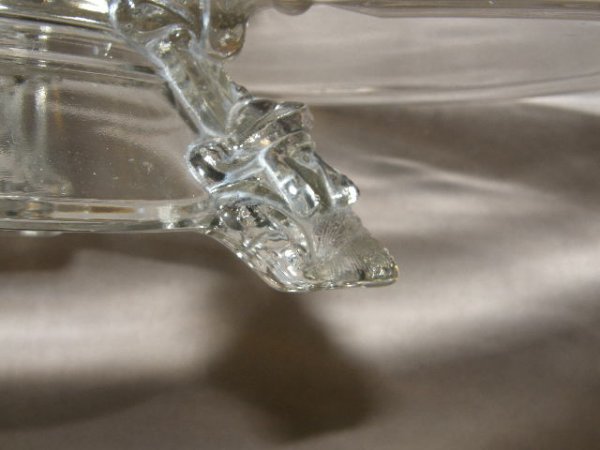 ANTIQUE CLEAR GLASS CAKE STAND WITH FIGURAL FEET - 3