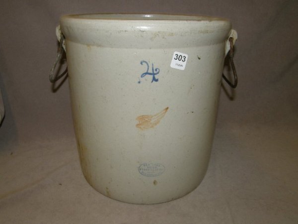 4 GALLON RED WING CROCK: 4 GALLON RED WING CROCK - . - SOME WEAR, SCRATCHES, MARKS
