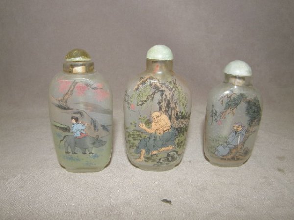 3 REVERSE PAINTED PEKING GLASS SNUFF BOTTLES -LOT - 2