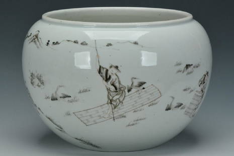 A Grisaille-Decorated Brush Washer, Yongzheng: A Grisaille-Decorated Brush Washer, Yongzheng Period. With Chait Galleries New York label. Size: 6 3/4" H x 9 3/4" W. Provenance: Former S. Byrne(1918-1996) collection, NY and acquired 1970's-1980's.