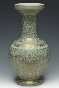 A Gilt-Decorated Celadon-Ground Vase, Daoguang: A Gilt-Decorated Celadon-Ground Vase, Daoguang Period. Size: 10" H x 5 1/4" W. Provenance: Former S. Byrne(1918-1996) collection, NY and acquired 1970's-1980's. Thence by descent in the family. Mr. S.