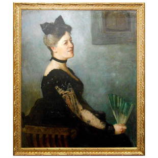Francis Brooks Chadwick Oil Portrait 1924: The American expatriot Impressionist painter Francis Brooks Chadwick (1853-1943) painted this lovely and refined oil portrait in France in 1924. The canvas is 36"x29", and is in a new frame measuring