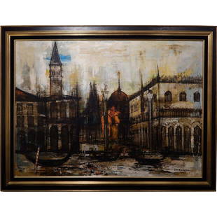 Jean Pierre Rousseau 1966 Oil Painting Of Venice: French modern master painter Jean Pierre Rousseau (b.1939) painted this energetic view of Venice in 1966. It is signed front and back, dated and titled Venise. This is one of Rousseau's larger