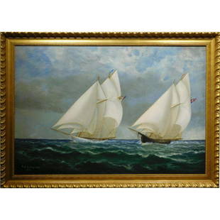 Falmouth Oyster Boats 1891 Marine Oil Painting: Falmouth Oyster Boats, 1891 Marine Oil Painting signed A.S.Langiell. This large and magnificent view of two historic vessels cutting through the waves at full sail was discovered in a Massachusetts