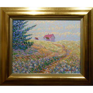 1995 Contemporary Impressionist Summer House: This vibrant painting is titled Summer House. It combines a pointillistic approach to impressionism with color theories developed in the 1950's. It is the creation of Bruce Wood, an artist who is