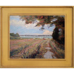 Summer Impressionist Coastal Scene With Boaters: GETTING READY is the title of this expertly colored and highly textured acrylic painting by Massachusetts artist Bruce Wood. The painting is a view of young boaters getting ready to launch dinghies