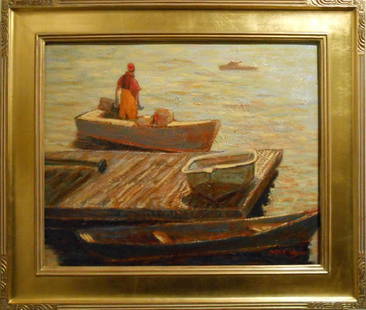 Contemporary Marine Oil Painting Of Maine Lobster Man: Summer Job is the title of this highly textured oil painting by Massachusetts artist Bruce Wood. Created in 2012, the image captures a moment in the life of a young lobster fisherman in Maine. This