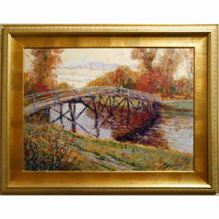 Contemporary Tonalist/Impressionist Landscape By Bruce: Talking on the Bridge is the title of this acrylic painting by Massachusetts artist Bruce Wood. Created in 2010, the image is inspired by the 19th Century American Impressionist and Tonalist