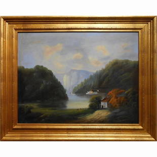 Antique Hudson River Fantasy Oil Painting: This luminous landscape painting is an early 20th Century oil painting inspired by the Hudson River School of painters. The bucolic setting has charming details of a paddle-wheel steamboat with