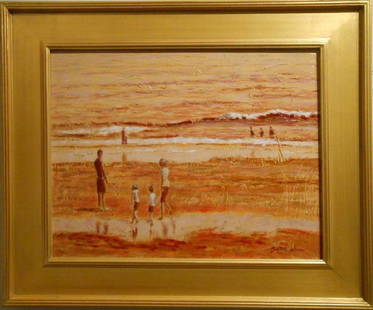 Contemporary Tonalist Marine/ Beach Oil Painting: Eastern Edge is the title of this highly textured oil painting by Massachusetts artist Bruce Wood. Created in 2012, the image captures a moment in the lives of a young family at the beach. Wood's