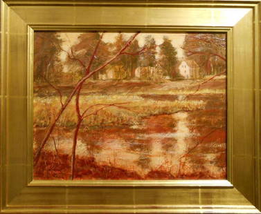 Contemporary Tonalist Oil Painting Of Mill Pond: Mill Pond is the title of this highly textured oil painting by Massachusetts artist Bruce Wood. Created in 2012, the image shows one of the many small mill ponds which dot the New England