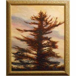 Contemporary Tonalist Tree Oil Painting By Bruce Wood: Satisfaction is the title of this highly textured 2012 oil painting by Massachusetts artist Bruce Wood. Wood's work is inspired by the the 19th Century American Impressionists and Tonalists. However,